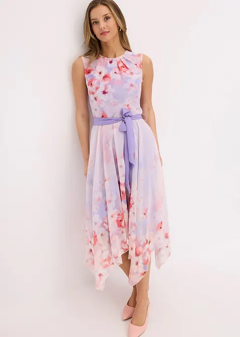 Chiffonkjole med snipper i falden og knytebelte, bonprix