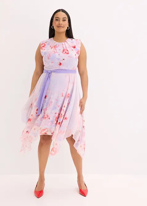 Chiffonkjole med snipper i falden og knytebelte, bonprix