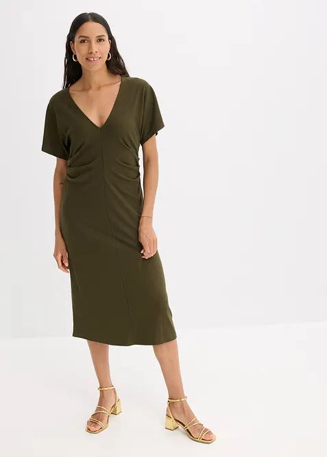 Kjole i ribbet jersey med rynking i siden, bonprix