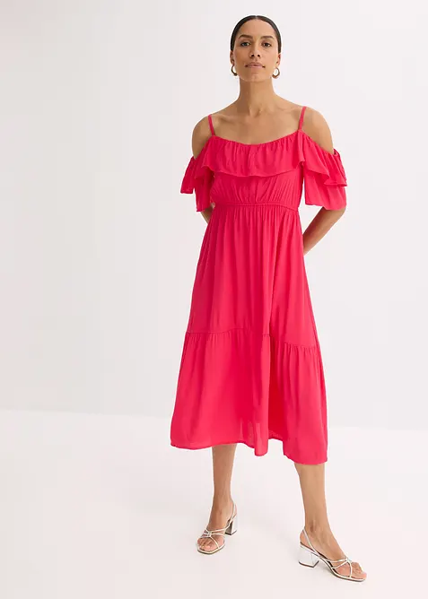 Kjole i strukturert viskose med volanger, bonprix