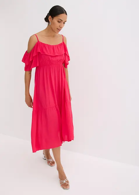 Kjole i strukturert viskose med volanger, bonprix