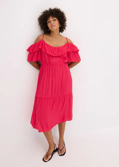 Kjole i strukturert viskose med volanger, bonprix