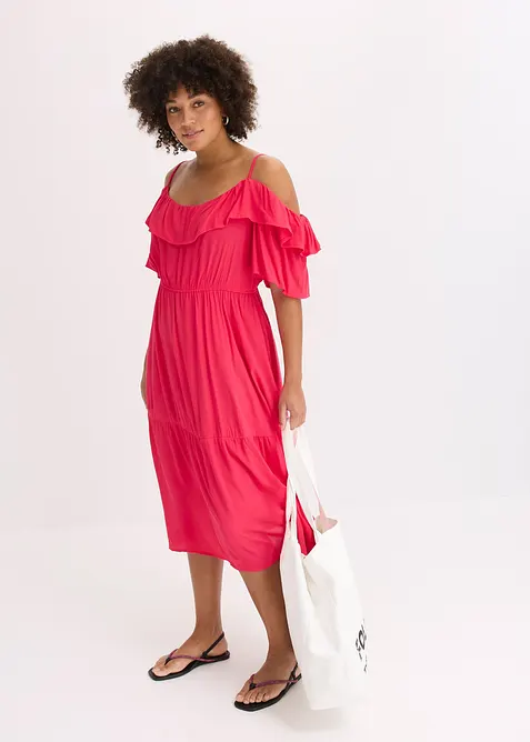 Kjole i strukturert viskose med volanger, bonprix