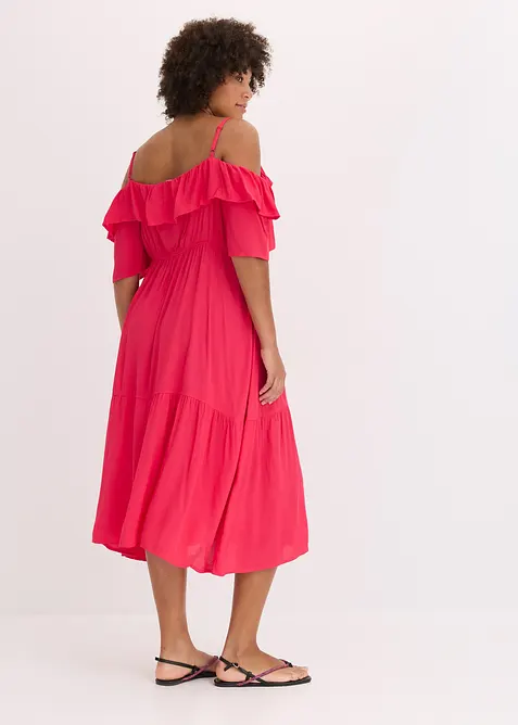 Kjole i strukturert viskose med volanger, bonprix