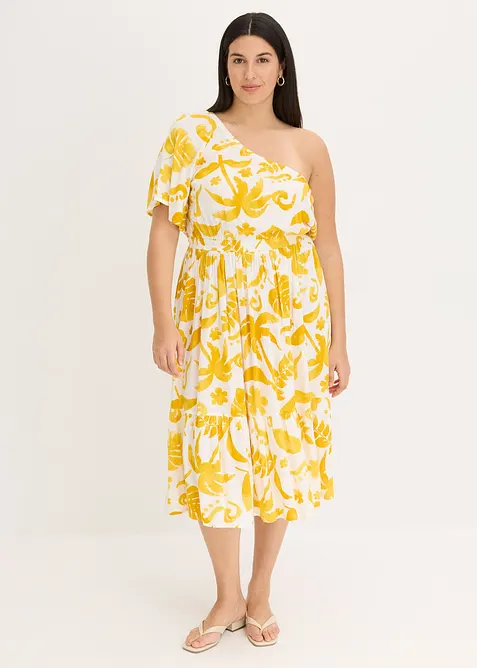 One shoulder-kjole i strukturert viskose med trykt m&oslash;nster, bonprix