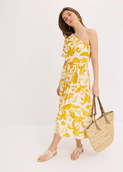 One shoulder-kjole i strukturert viskose med trykt m&oslash;nster, bonprix