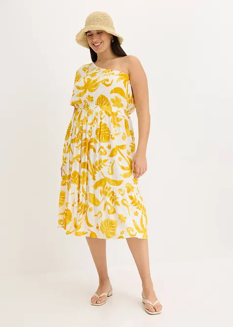 One shoulder-kjole i strukturert viskose med trykt m&oslash;nster, bonprix