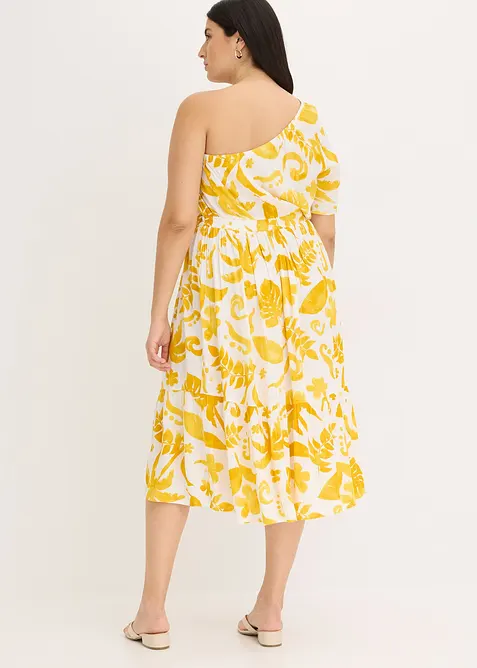 One shoulder-kjole i strukturert viskose med trykt m&oslash;nster, bonprix