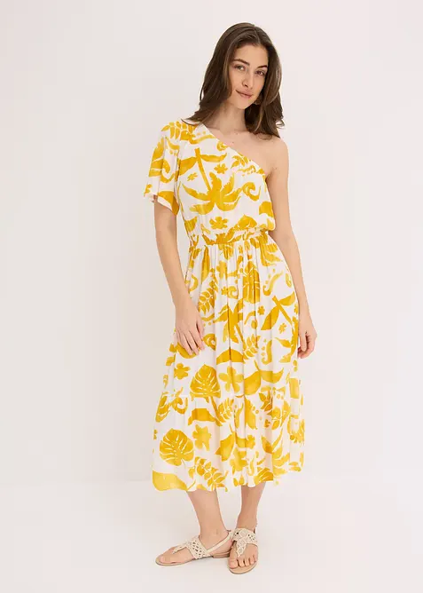 One shoulder-kjole i strukturert viskose med trykt m&oslash;nster, bonprix