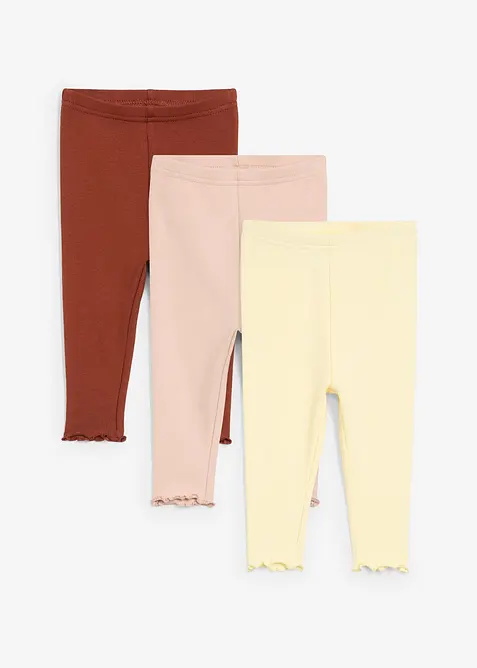 Ribbet leggings av økologisk bomull med volanger (3-pack), bonprix