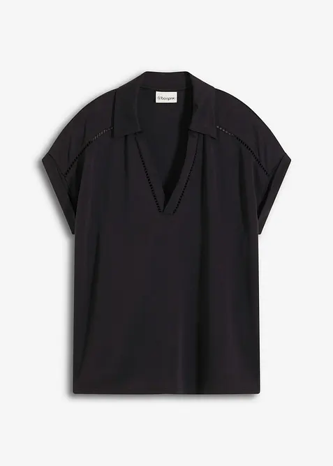 Poloskjorte av viskosepiké med blondeinnfelling, bonprix