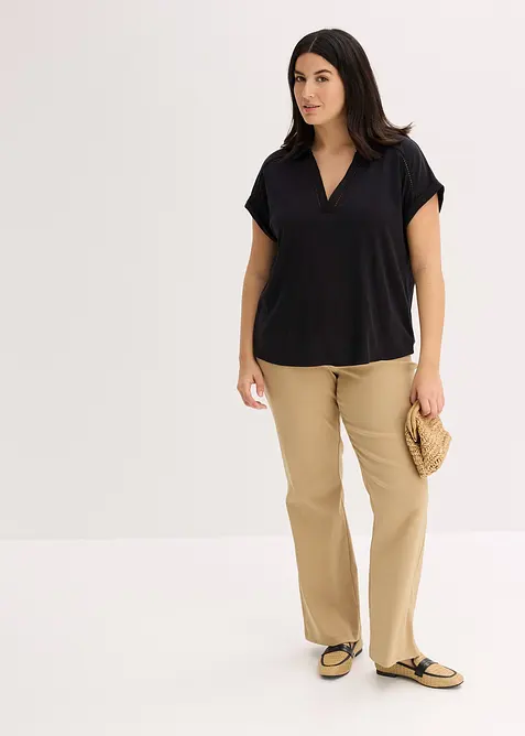 Poloskjorte av viskosepiké med blondeinnfelling, bonprix