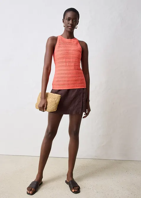 Strikket topp med hullmønster og lin, bonprix