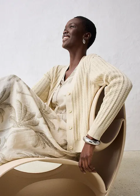 Hullstrikket cardigan med lin, bonprix