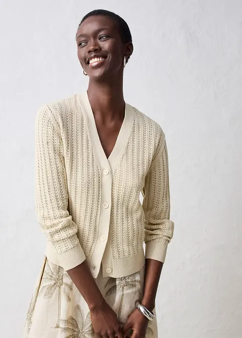 Hullstrikket cardigan med lin, bonprix