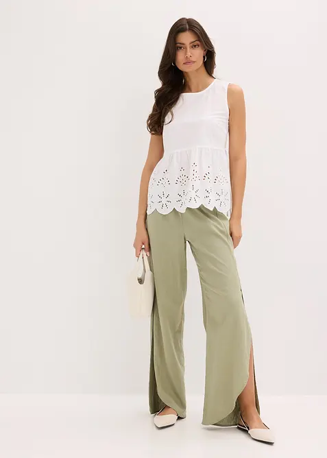 Ermeløs bluse med splitt og hullbroderi, bonprix