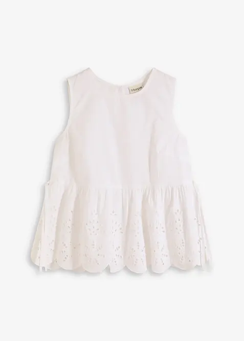 Ermeløs bluse med splitt og hullbroderi, bonprix
