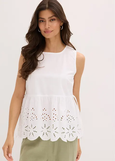 Ermeløs bluse med splitt og hullbroderi, bonprix
