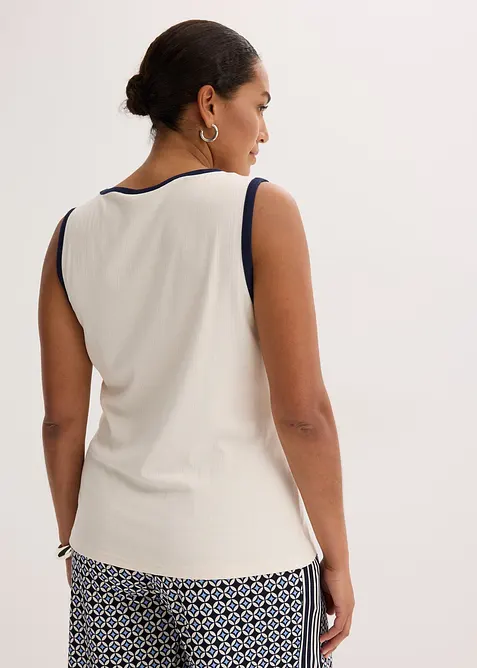 Ermeløs jerseytopp med kontrastfargede kanter i halsen og ermehullet, bonprix