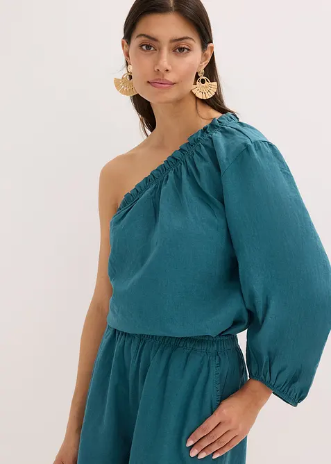 One shoulder-bluse med lin, bonprix