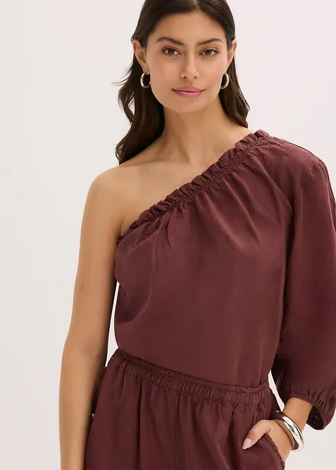 One shoulder-bluse med lin, bonprix