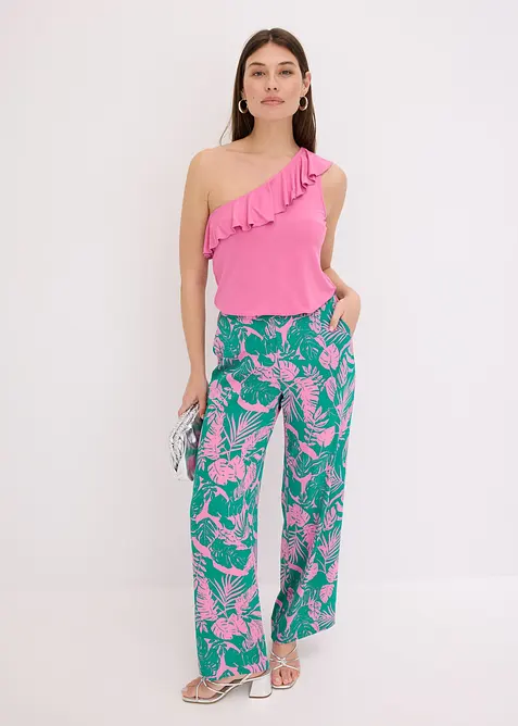 One shoulder-topp i myk viskosemiks med volang, bonprix