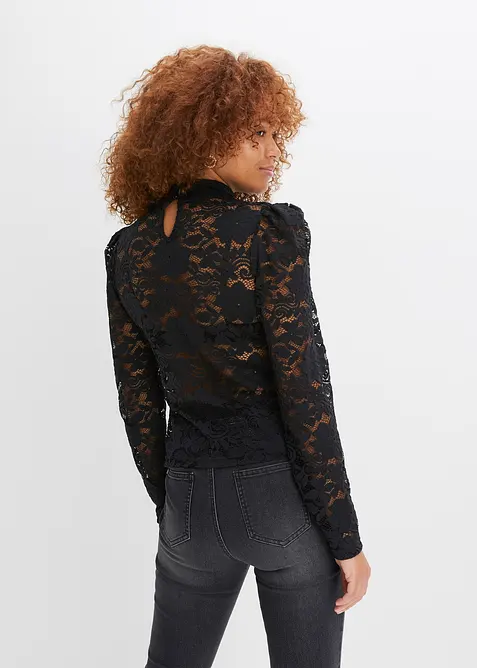 Figurn&aelig;r, langermet topp med blonder, bonprix