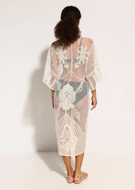 Transparent strandkimono med blonder, bonprix