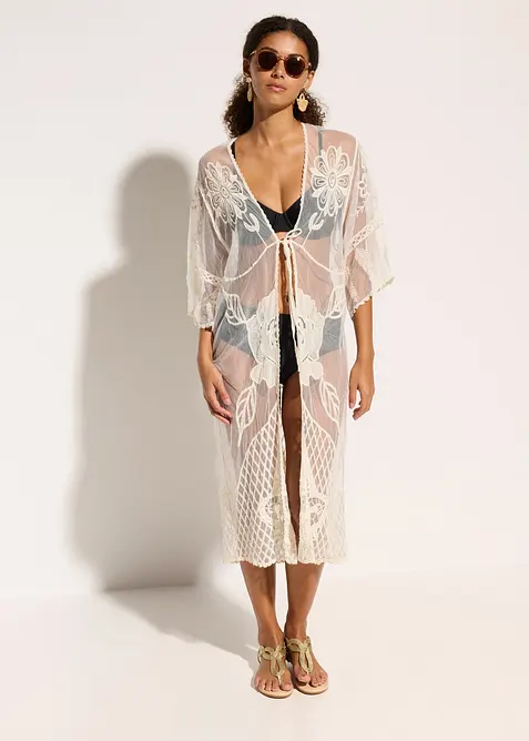 Transparent strandkimono med blonder, bonprix