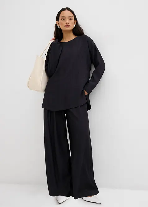 Crinkle bukse med vide ben i strukturert viskosemiks, bonprix