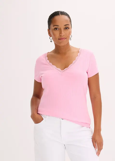 Ribbet topp med blondedetalj (2-pack), bonprix