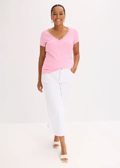 Ribbet topp med blondedetalj (2-pack), bonprix