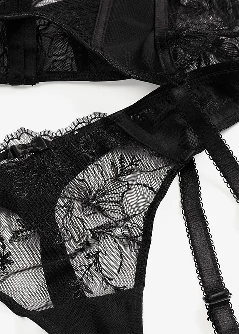 Korsett med spiler og stringtruse med nydelig broderi (2-delt sett), bonprix
