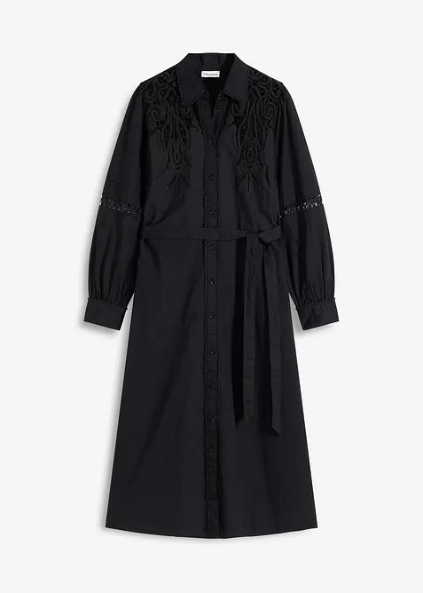 Midikjole i bomull med blondeinnfelling, bonprix