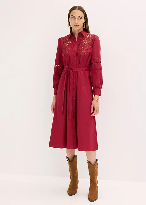 Midikjole i bomull med blondeinnfelling, bonprix