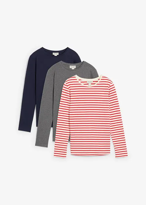 Langermet topp i ren økologisk bomull (3-pack), bonprix