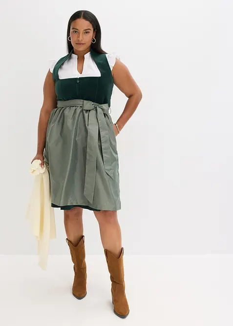 Tyrolerkjole med overdel i fl&oslash;yel og forkle i sateng (2-delt sett), bonprix