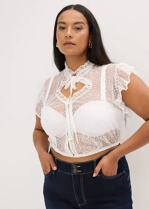 Tyrolerbluse i tynn tyll med prikkem&oslash;nster, bonprix
