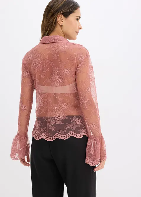 Transparent bluse med blonder, bonprix