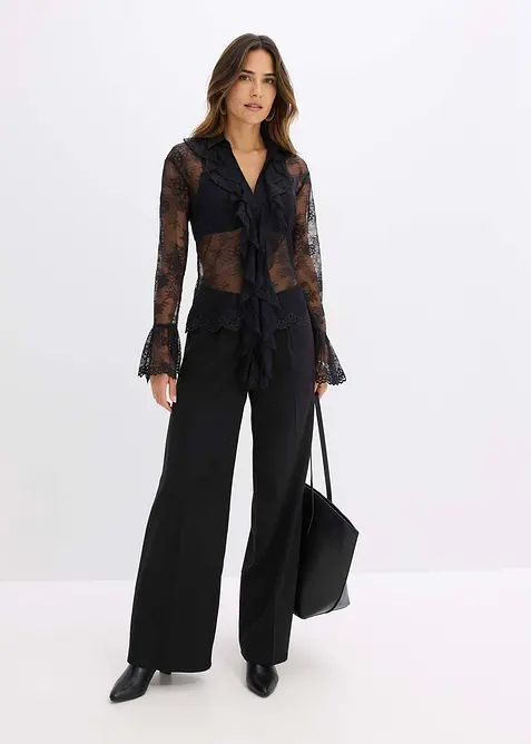 Transparent bluse med blonder, bonprix