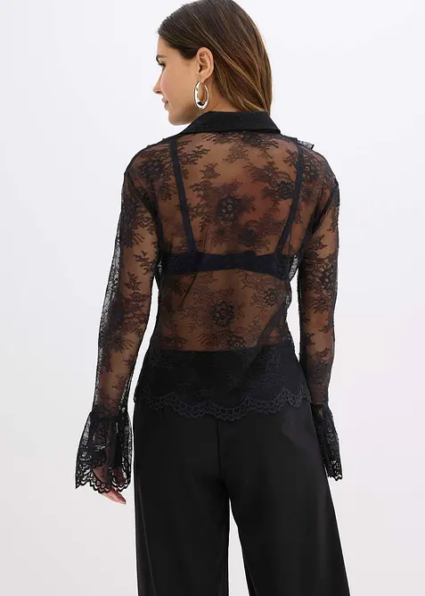 Transparent bluse med blonder, bonprix