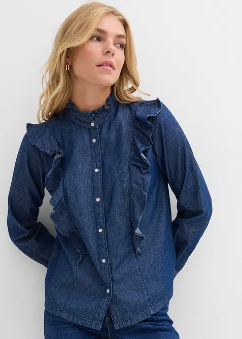 Denimbluse i 100% bomull med volanger, bonprix