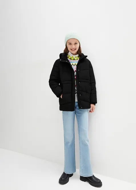 Varmt fôret og vattert jakke med fuskepels på hetten, bonprix