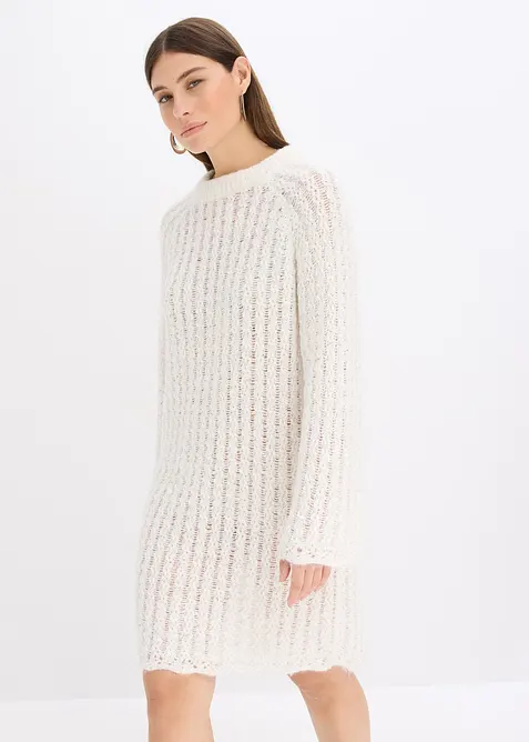 Strikket, lett transparent minikjole med satengsløyfe, bonprix