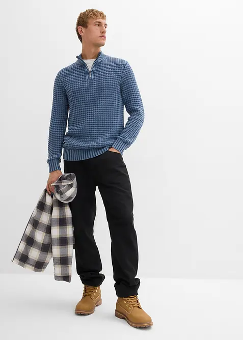 Half zip, grovstrikket genser med bomull i vasket stil, bonprix