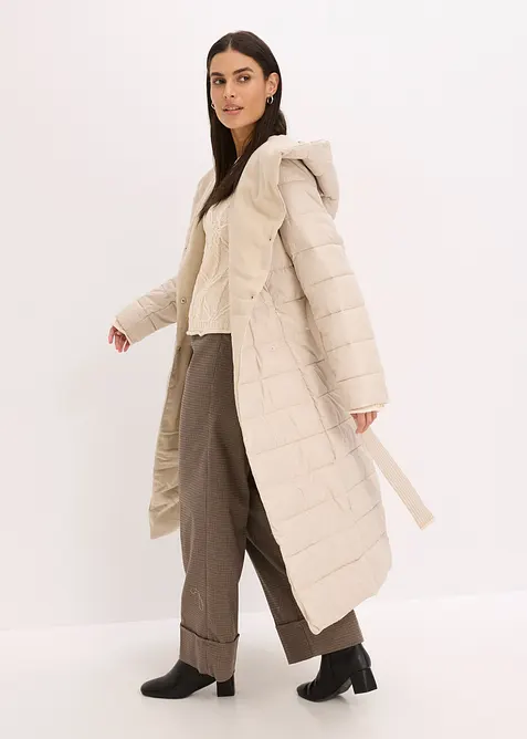 Vannavvisende, vattert k&aring;pe med besetning i ullstil og knytebelte (2 deler), bonprix