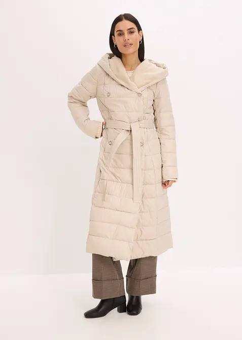 Vannavvisende, vattert k&aring;pe med besetning i ullstil og knytebelte (2 deler), bonprix