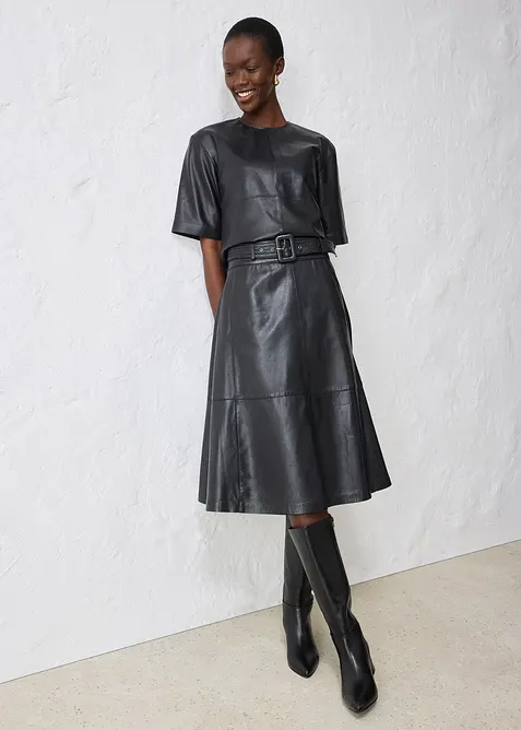 Skinnskjørt i lammenappa med belte (2-delt sett), bonprix