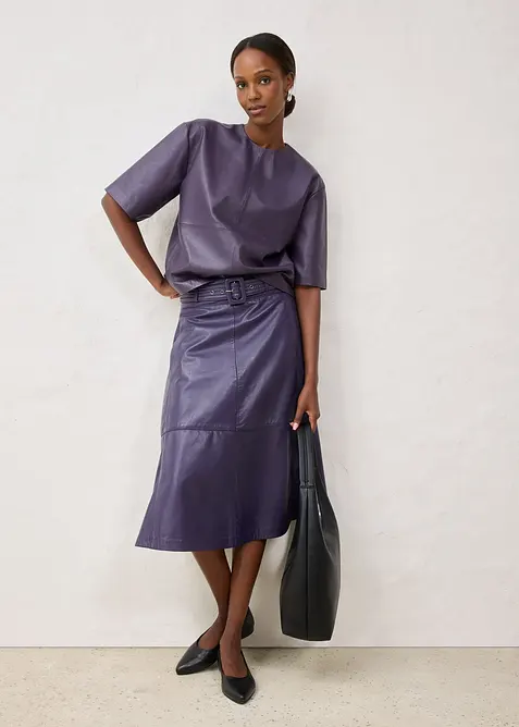 Skinnskjørt i lammenappa med belte (2-delt sett), bonprix