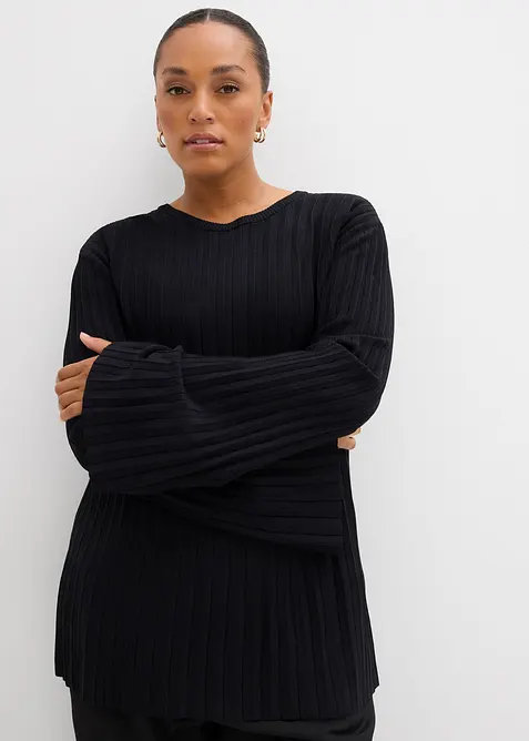 Finstrikket genser i viskosemiks og plissé-look, bonprix